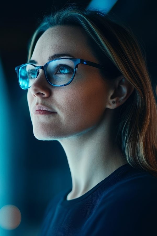 Woman in tech, illuminated by blue data light, focused on advanced cybersecurity systems, Generative AI