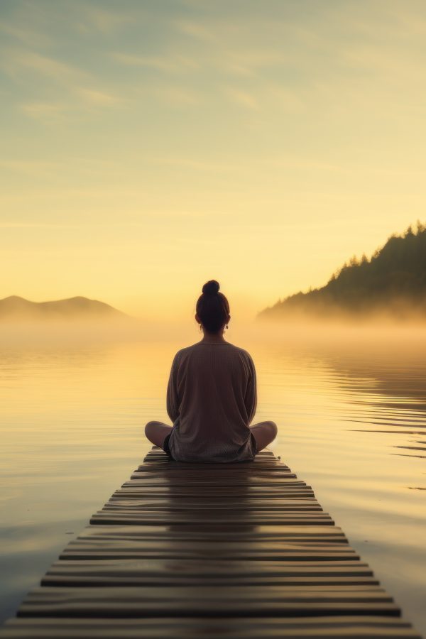 Young woman meditating on a wooden pier on the edge of a lake to improve focus