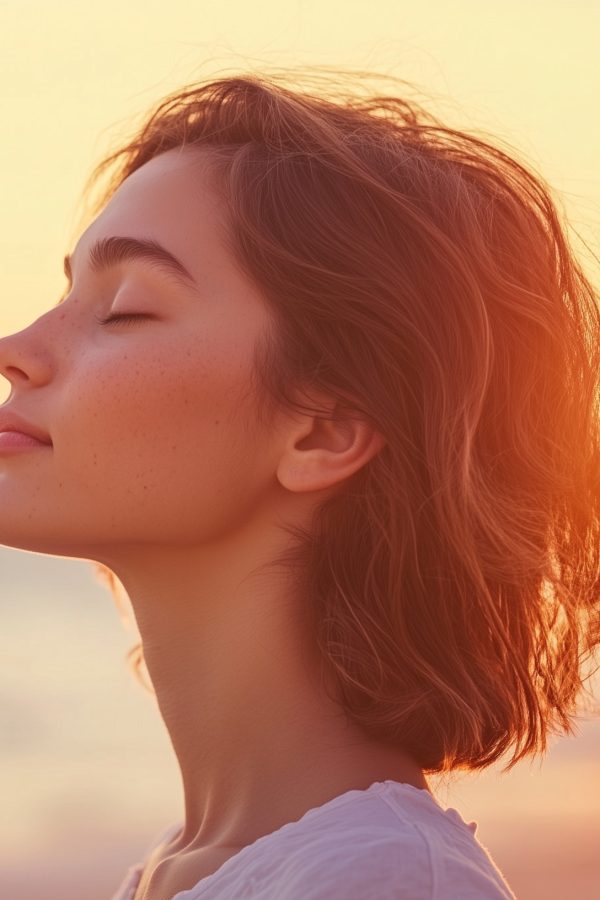 ビーチで目を閉じて新鮮な空気を吸う女性の横顔の上半身から上の写真、コピースペース多め